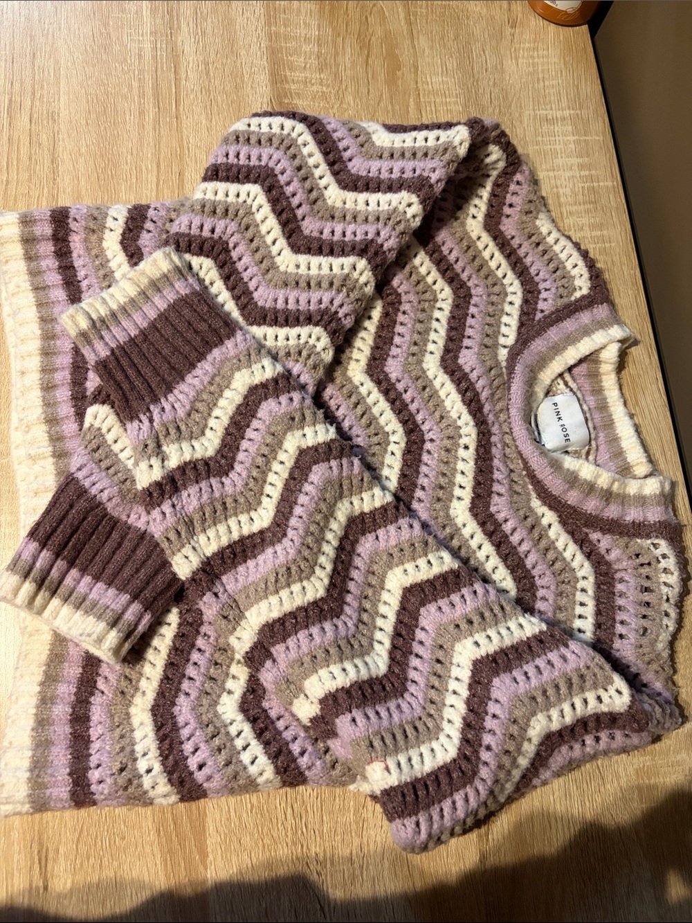 Pink Rose Crochet Zigzag Crewneck Sweater in Cream, Lavender & Brown